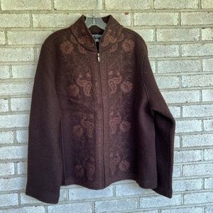 wool cardigan 2x with brown tonal embroidered design on neck and front.